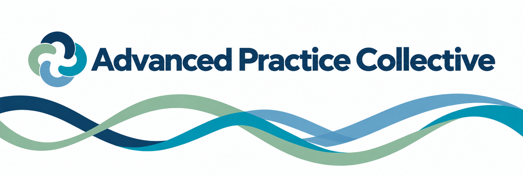 Advanced Practice Collective — four interlocking shapes and flowing navy, teal, blue and sage ribbons representing the four pillars of advanced practice and collaboration across professions.