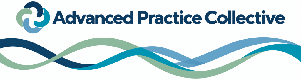 Advanced Practice Collective — four interlocking shapes and flowing navy, teal, blue and sage ribbons representing the four pillars of advanced practice and collaboration across professions.